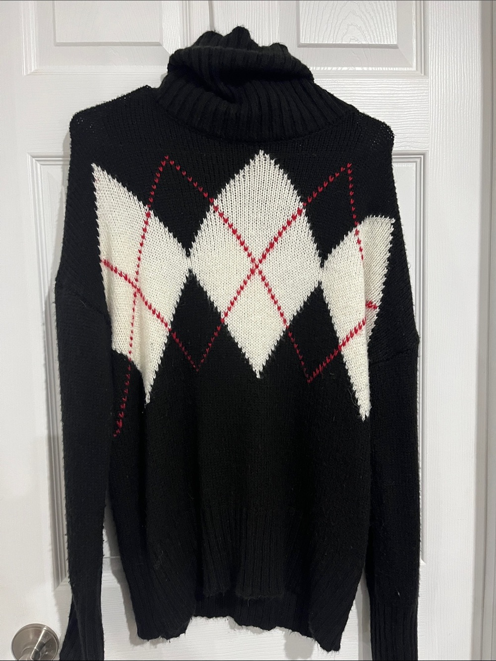 Tommy Hilfiger Black Turtleneck Sweater with White Argyle and Red Stitching